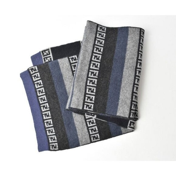 Fendi Scarf Winter Scarf Wool Blend FF Zucca Pattern Striped Blue Gray